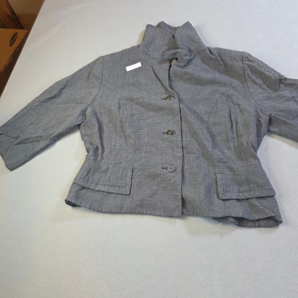 Leslie Pomer Vintage Gray Funnel Neck Peplum Blazer Jacket Textured 3/4 Sleeve